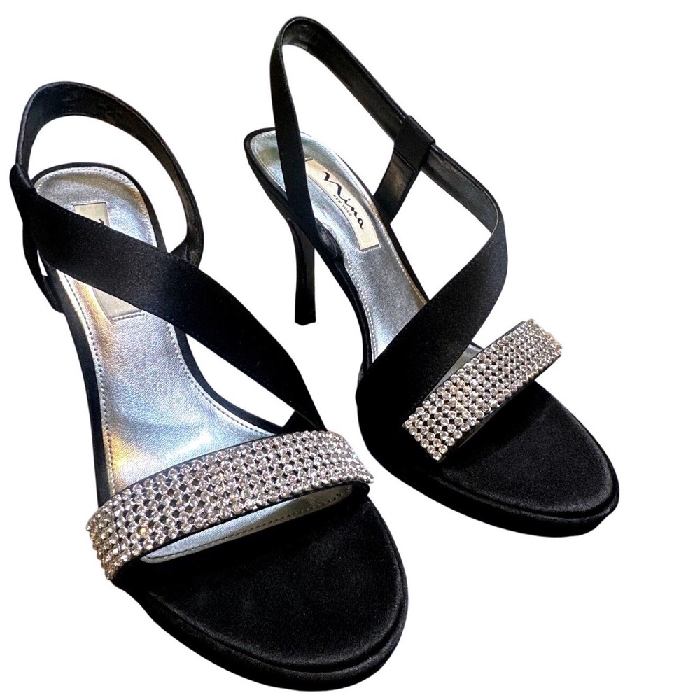 Nina New York‎ Black Satin Rhinestone Slingback Stiletto Heels Womens 8M EUR 38